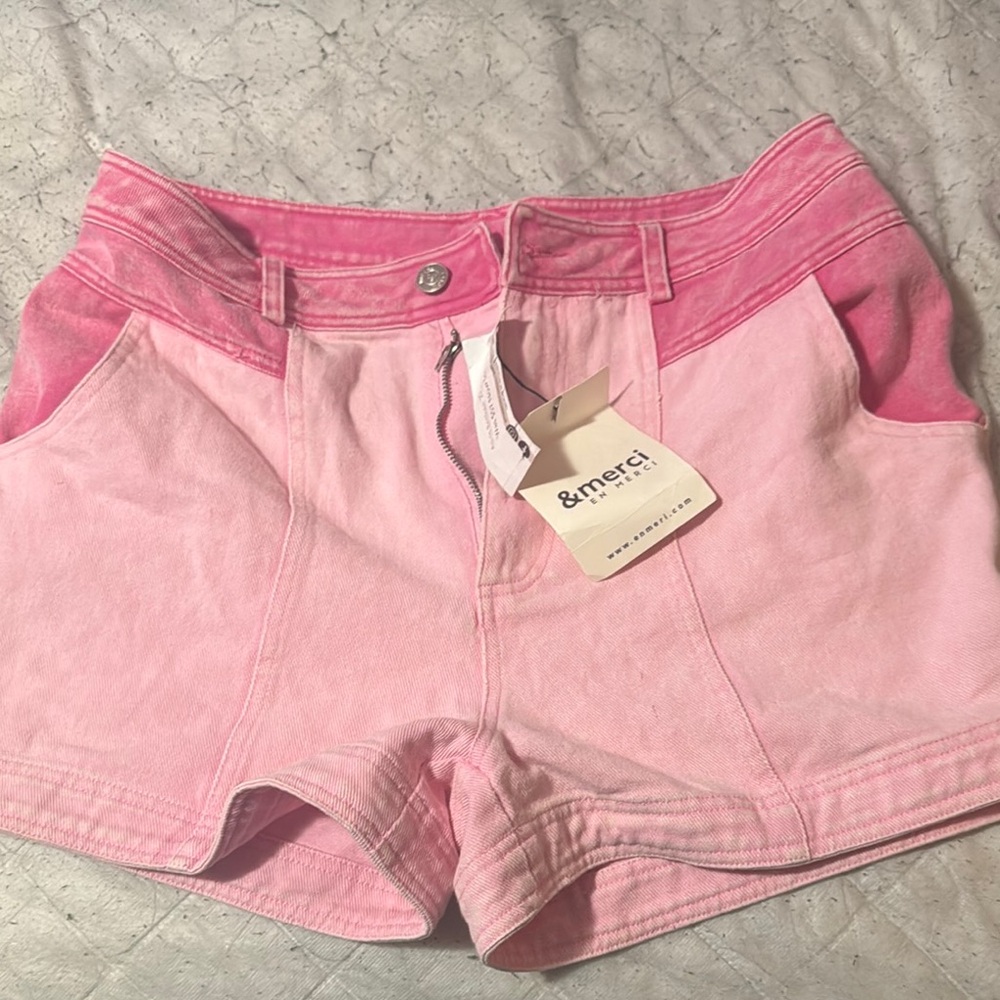 Pink Jean Shorts with Relaxed Fit and Elastic Waistband